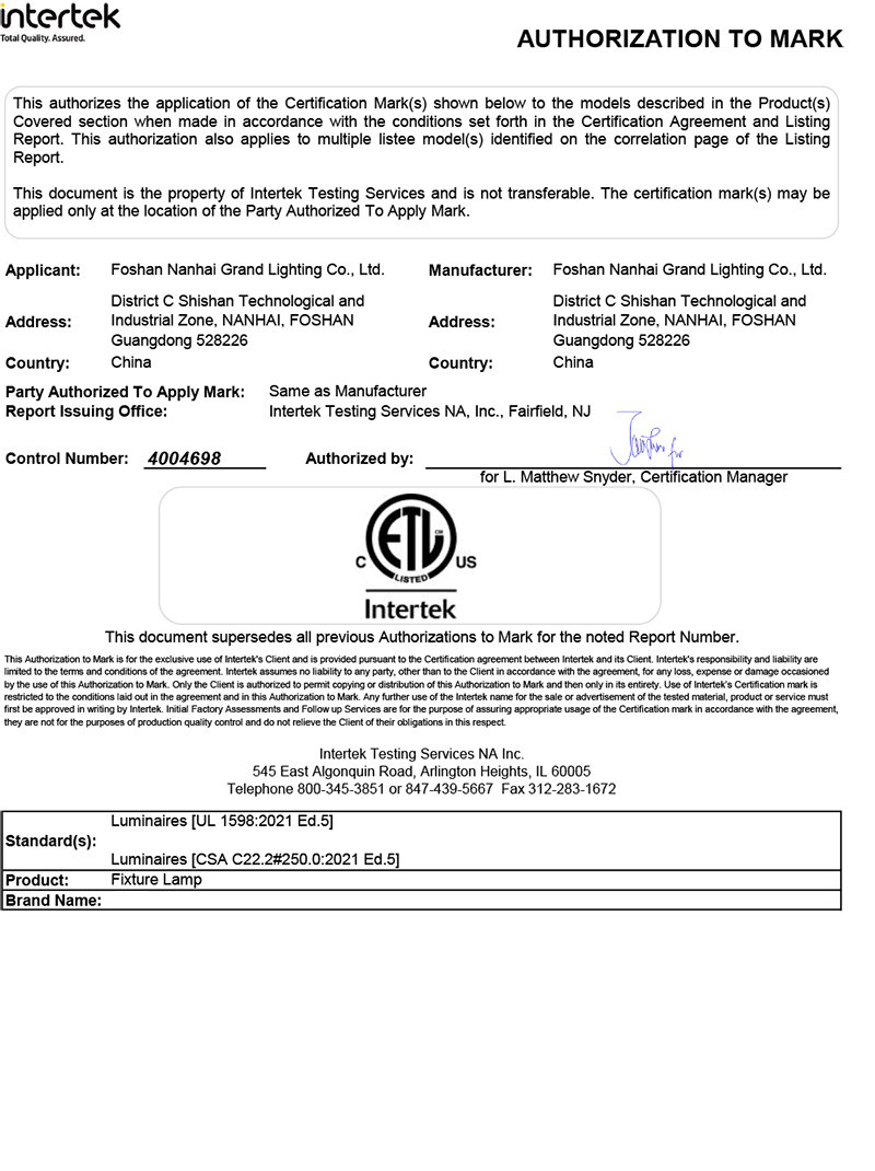 Intertek ETL authorization